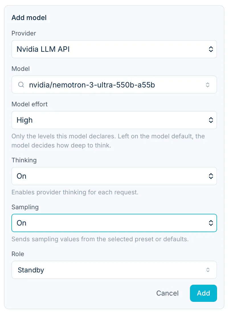 Adding a model to a room: the provider, the model, its effort, thinking and sampling, and the role it takes