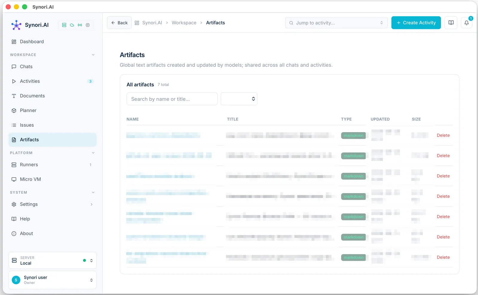 The Artifacts screen: seven Markdown artifacts with their type, last update and size, a search by name or title and a filter by type