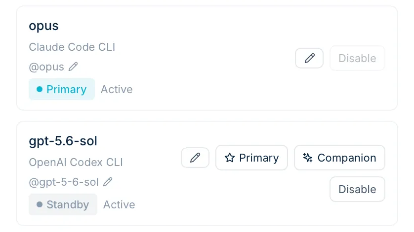 Two participants of one room: opus on Claude Code CLI as the primary and gpt-5.6-sol on OpenAI Codex CLI on standby, each with buttons to make it primary or companion