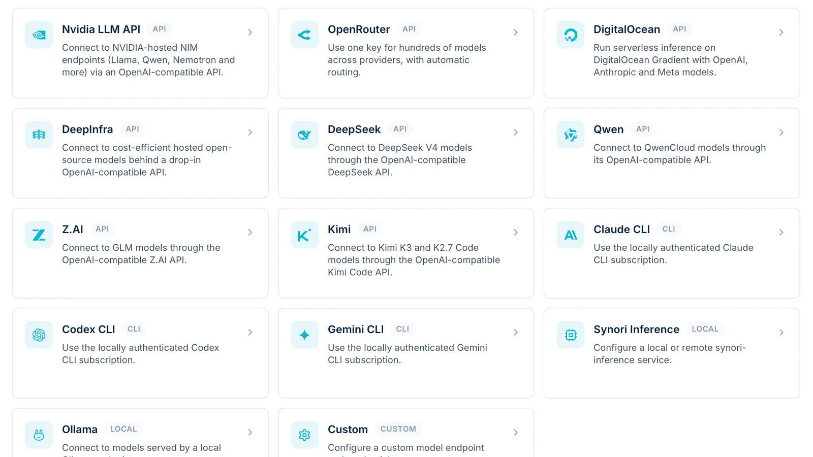 Adding a model provider: API providers such as OpenRouter, DeepSeek, Qwen and Kimi next to Claude, Codex and Gemini CLI subscriptions and local Synori Inference and Ollama