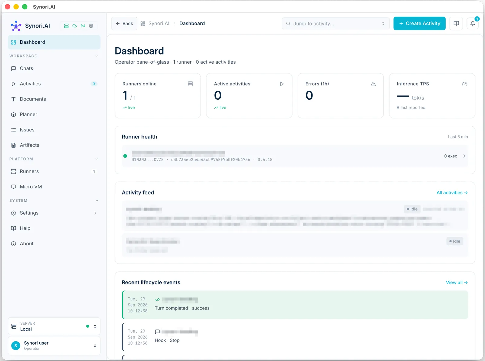 The Synori.AI dashboard: runners online, active activities, errors in the last hour and inference throughput, with runner health, the activity feed and recent lifecycle events below