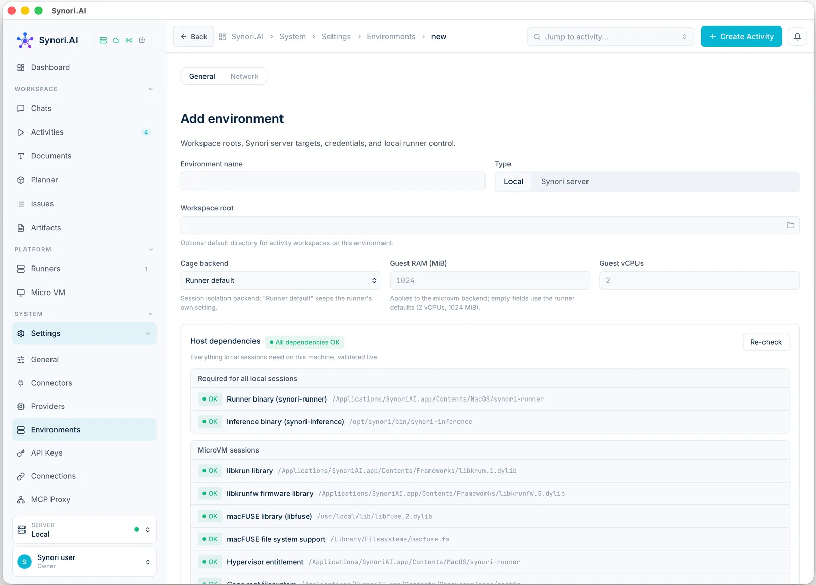 Adding an environment: its type — this Mac or a Synori server — the workspace root, the isolation backend, guest memory and vCPUs, and a live check of the host dependencies that micro-VM sessions need
