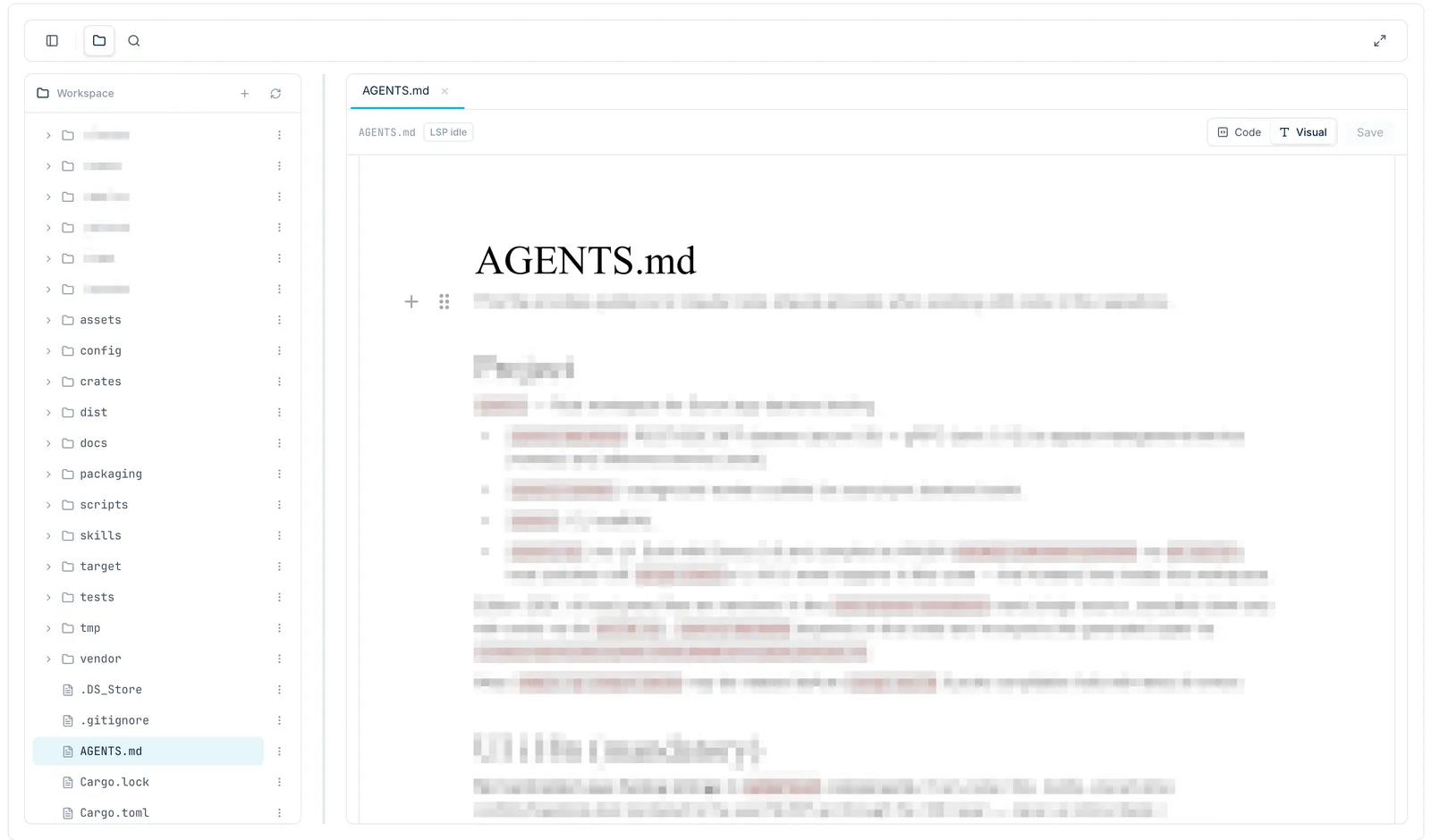 The Files tab: the workspace tree next to the editor, with a Markdown file open in its visual mode