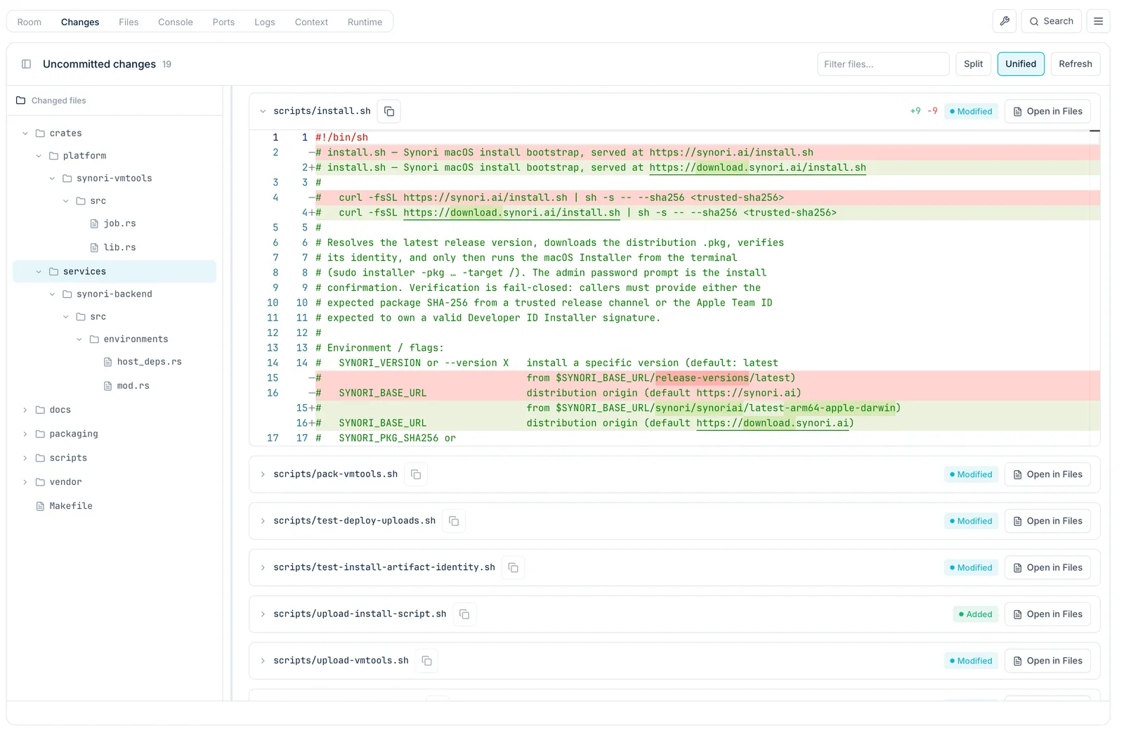 The Changes tab: the uncommitted changes of the session as a unified diff, next to the tree of changed files