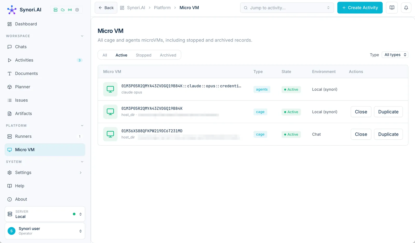 Synori.AI Micro VM page: three active micro-VMs — one for the Claude Opus agent and two cages — with their type, state and environment, and buttons to close or duplicate a cage