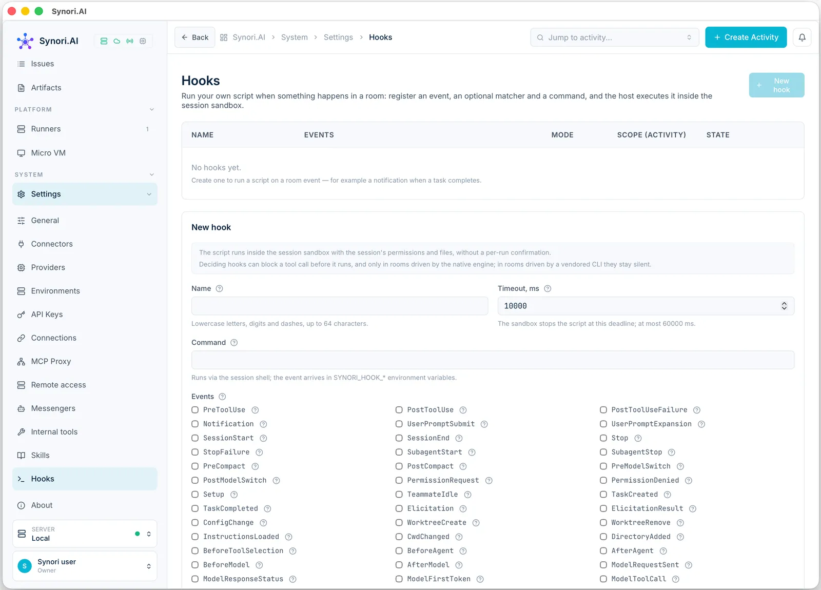 Settings, Hooks: the list of registered hooks and the form for a new one — its name, timeout, command and the events it runs on