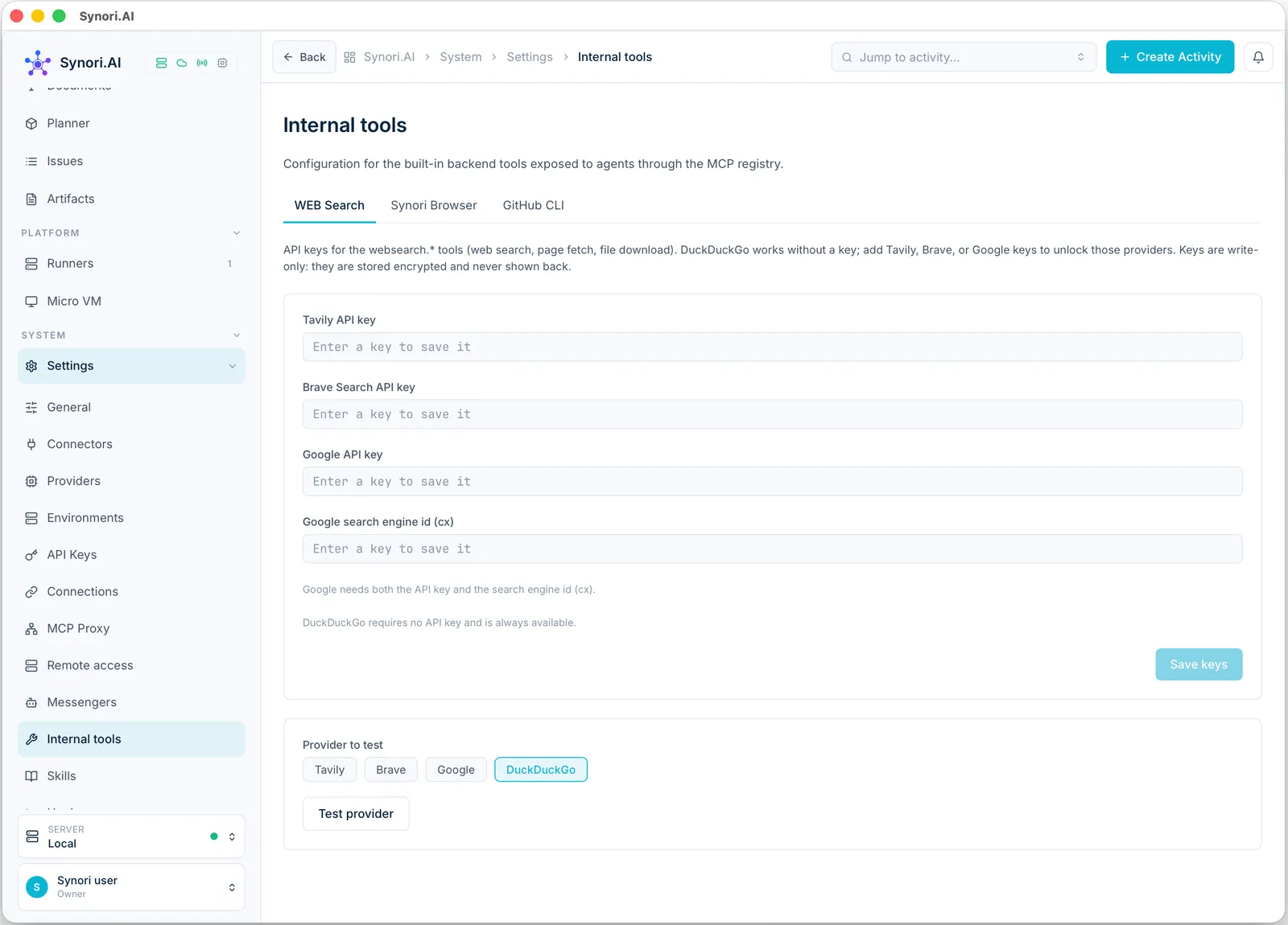 Settings, Internal tools, Web search: fields for Tavily, Brave Search and Google keys, with DuckDuckGo available without one