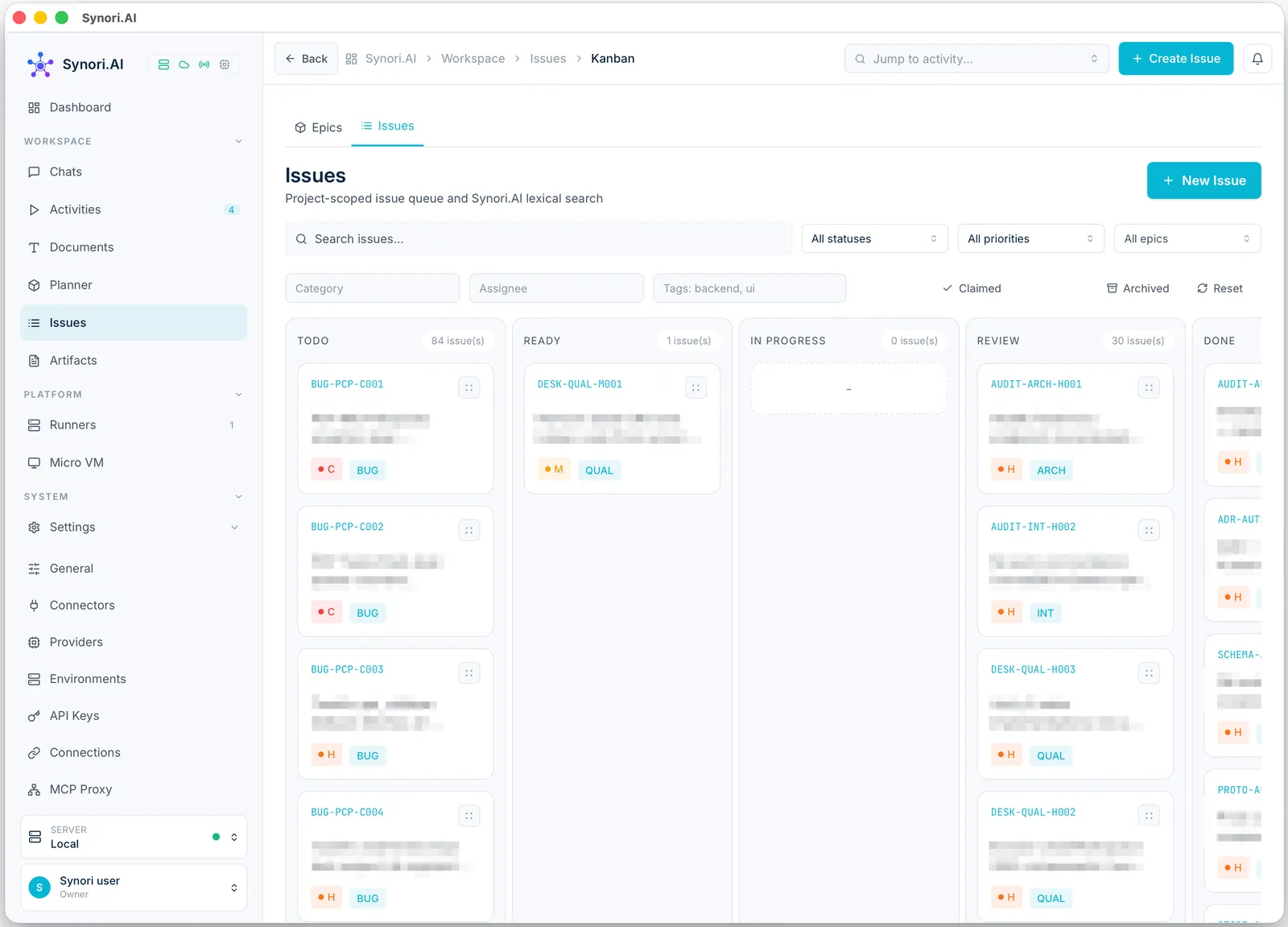 The Issues board: columns To do, Ready, In progress, Review and Done with cards that show an issue's ID, title, priority and category, under a search and filters for status, priority, epic, category, assignee, tags, claimed and archived issues