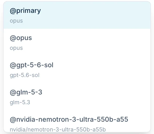 Suggestions after typing @ in the composer: @primary, then every participant by its short name