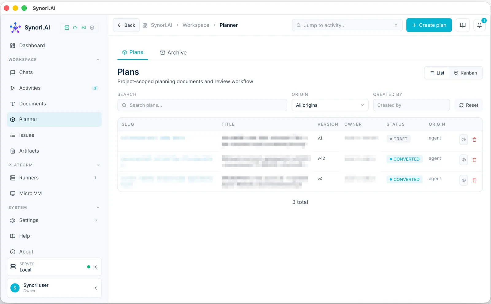 The Planner: plans with their slug, title, version, owner, status — one draft and two converted — and origin, a search, filters by origin and author, and a switch between a list and a board