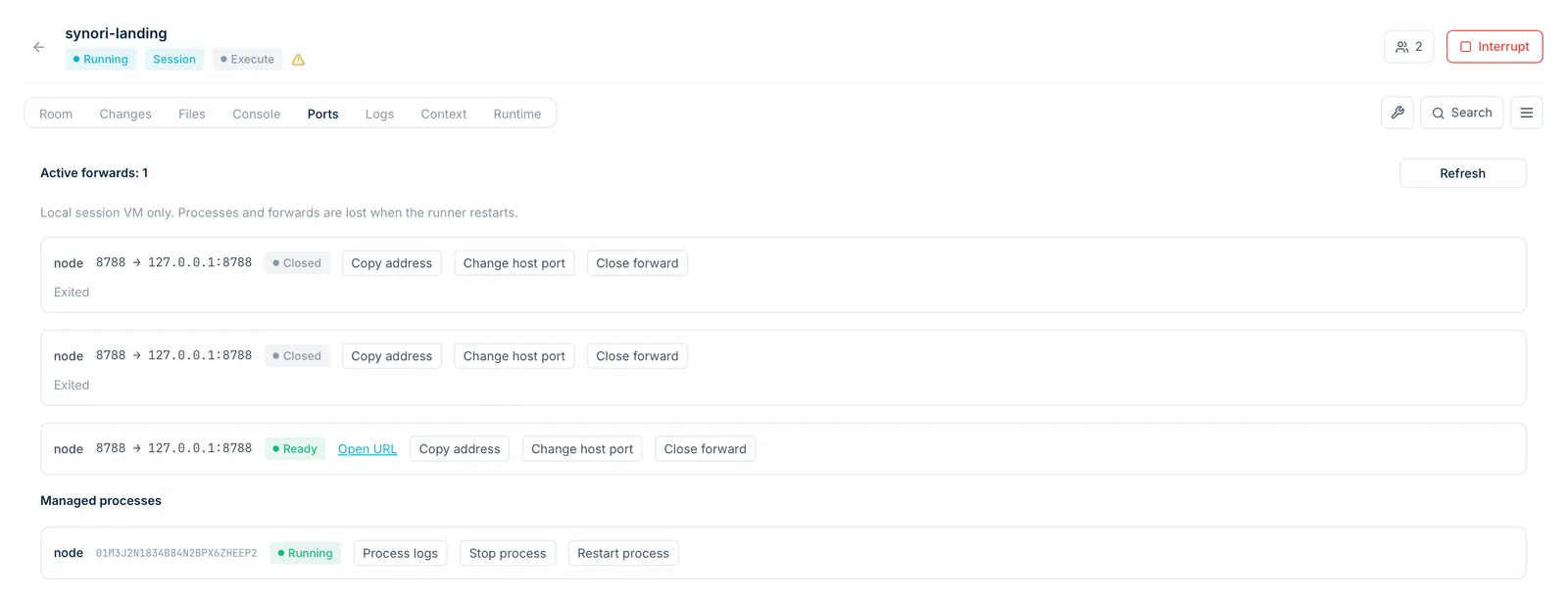The Ports tab of a room: forwarded ports with their state and buttons to open, copy or change the address, and the managed process behind them with its logs, stop and restart