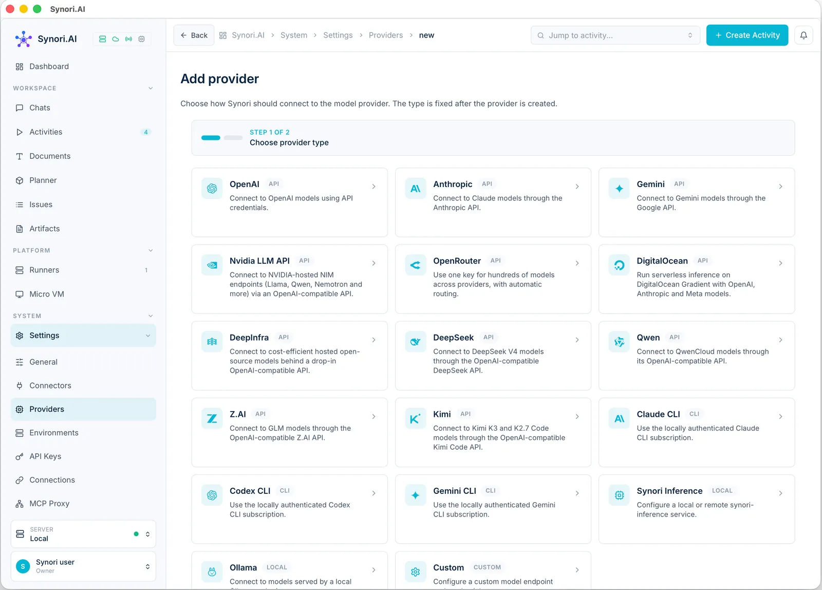 Adding a provider: API providers such as NVIDIA, OpenRouter, DigitalOcean, DeepInfra, DeepSeek, Qwen, Z.AI and Kimi next to the Claude, Codex and Gemini CLIs, Synori Inference, Ollama and a custom endpoint