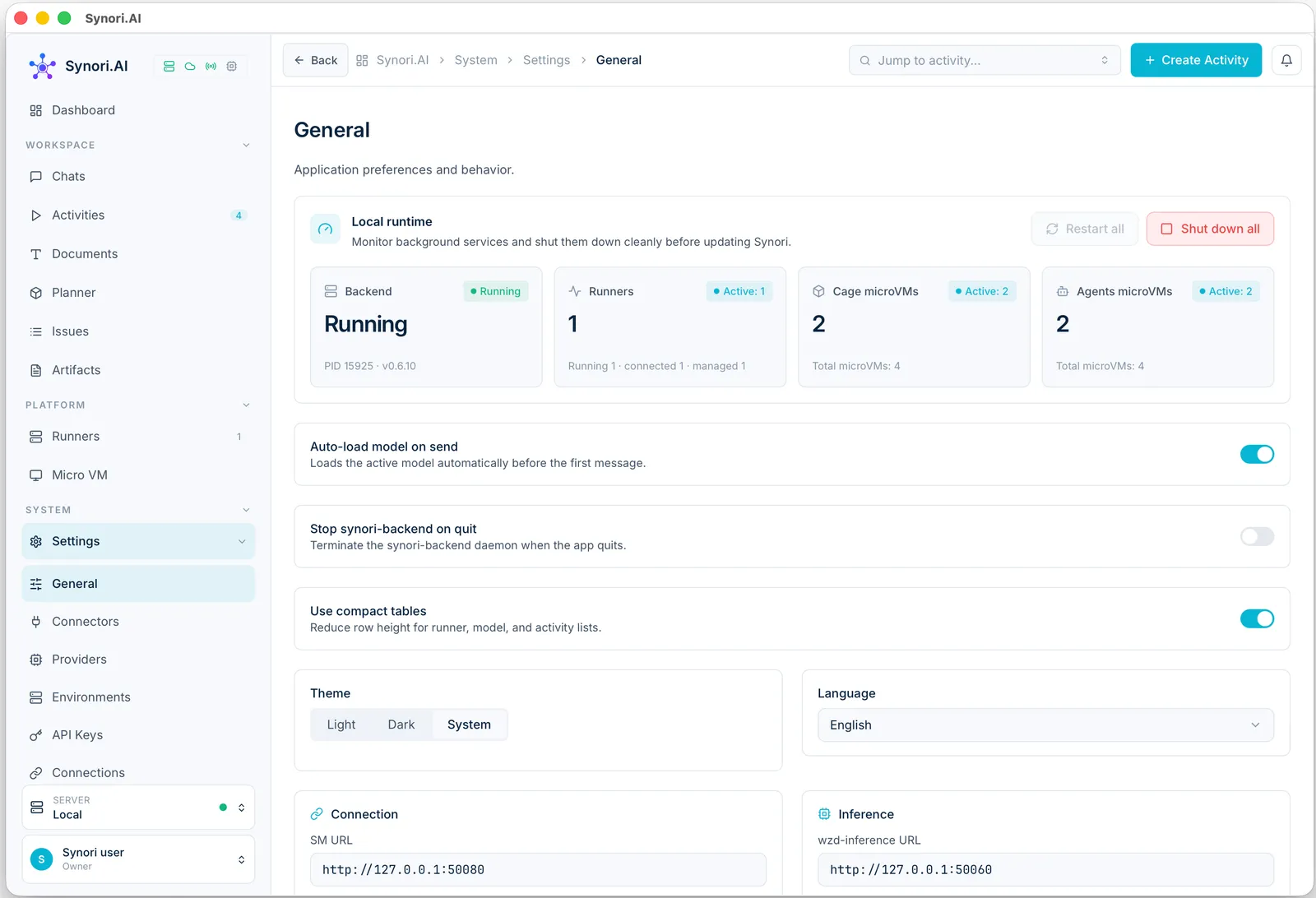 Settings, General: the local runtime with the backend running, one runner, two cage and two agent micro-VMs, and the switches for loading the model on send and stopping the backend on quit