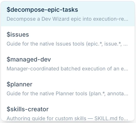 Typing $ in the composer lists the skills of the room with their descriptions